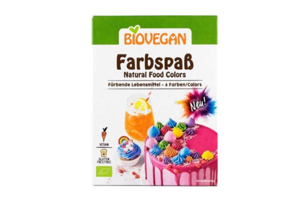 Colorant bio vegan pentru prăjituri fără gluten Biovegan 6 x 8 gr verde, galben, roșu, portocaliu, albastru, violet