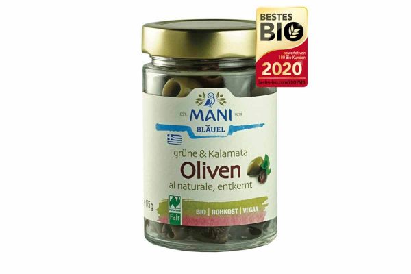 Măsline bio verzi și Kalamata naturale fără sâmburi Mani 175 gr