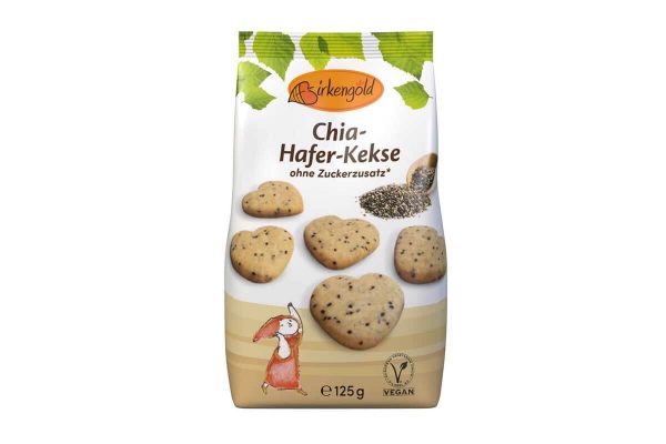 Biscuiți bio vegani din ovăz și chia fără zahăr cu xilitol Birkengold 125 gr