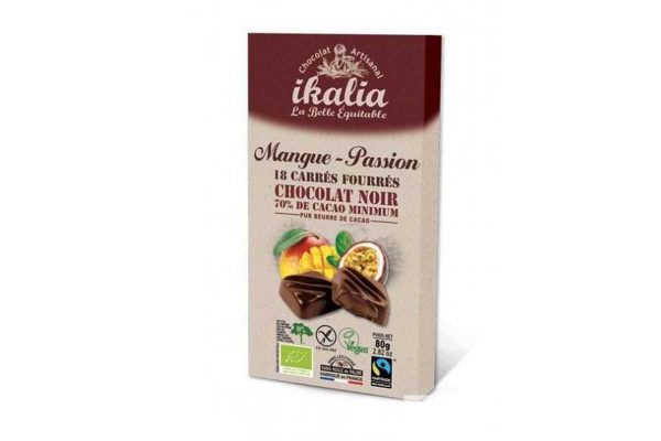 Ciocolată neagră bio vegană fără gluten cu mango şi fructul pasiunii Ikalia 80 gr