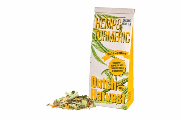 Ceai de cânepă bio Hemp & Turmeric Body Comfort fără cofeină Dutch Harvest 50 gr