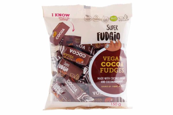 Caramele bio vegane cu aromă de cacao fără gluten Super Fudgio 150 gr